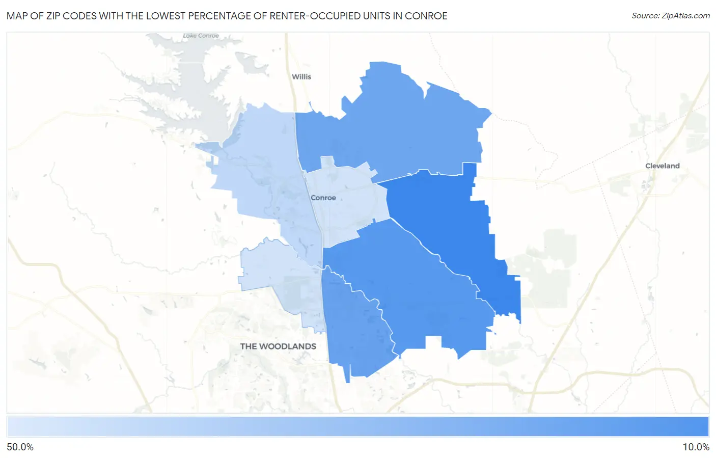 Zip Codes with the Lowest Percentage of Renter-Occupied Units in Conroe Map
