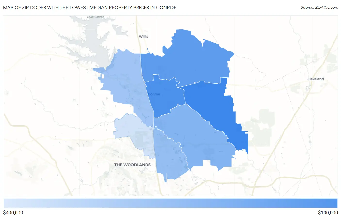 Zip Codes with the Lowest Median Property Prices in Conroe Map