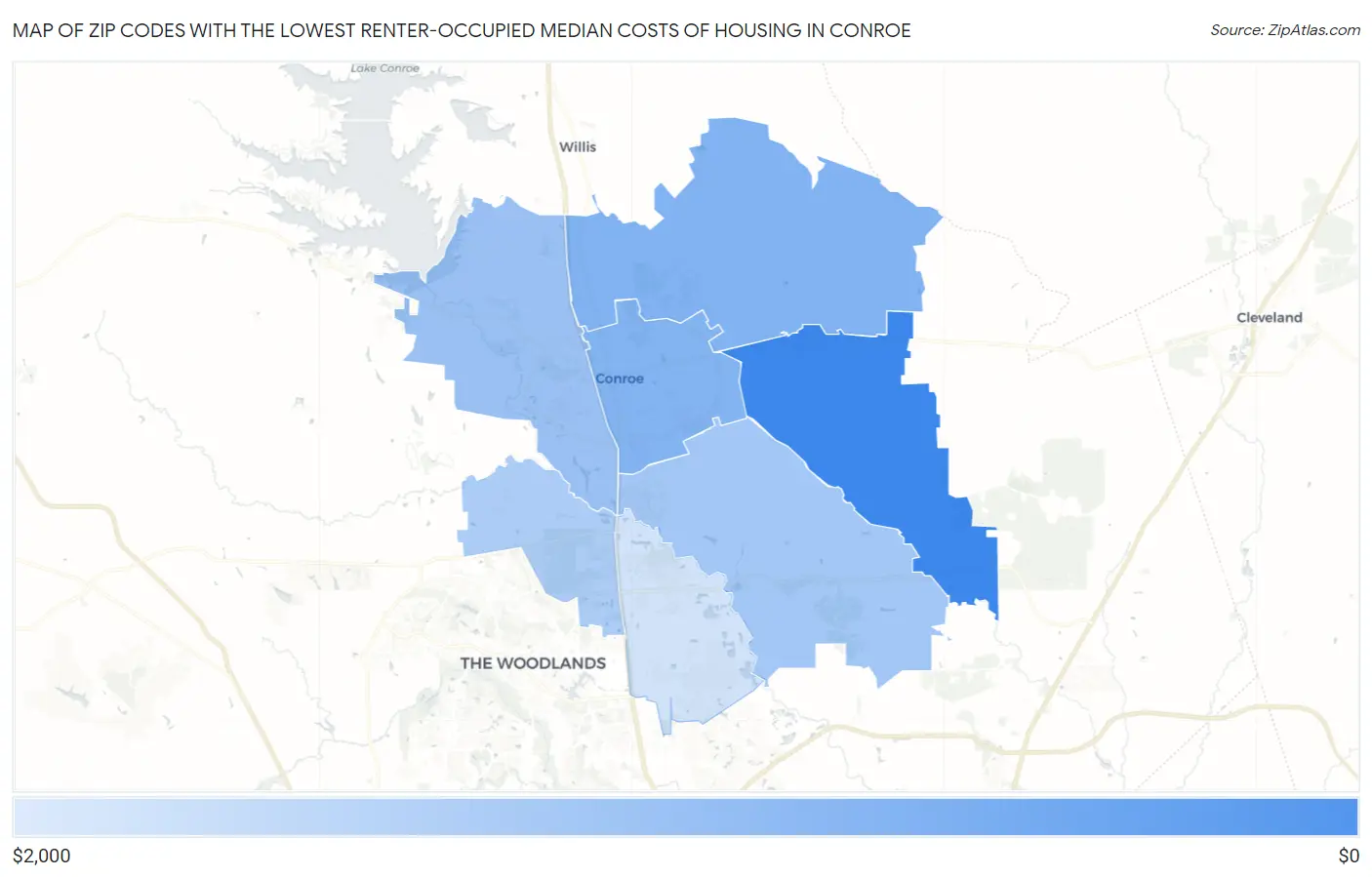 Zip Codes with the Lowest Renter-Occupied Median Costs of Housing in Conroe Map