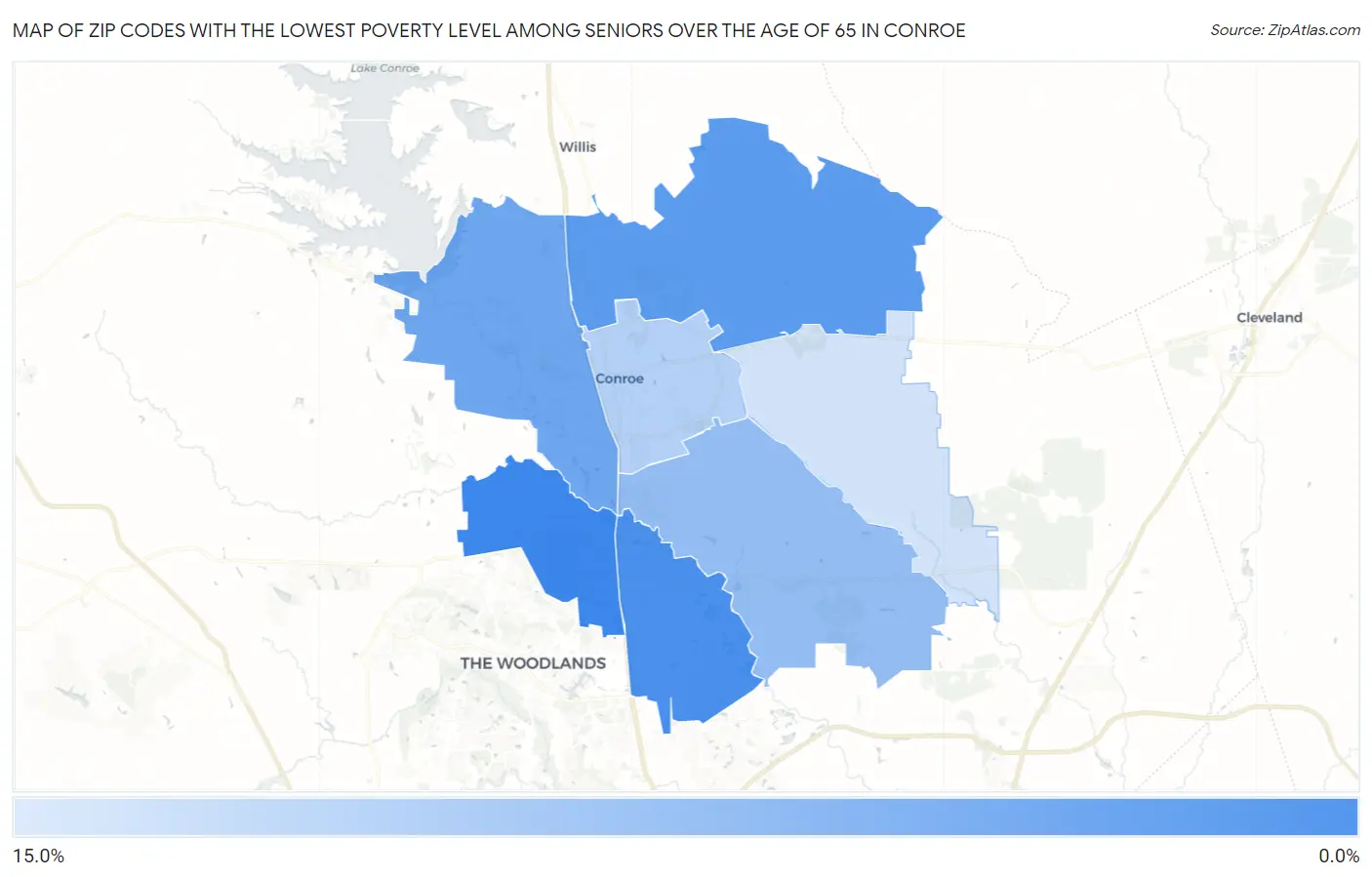 Zip Codes with the Lowest Poverty Level Among Seniors Over the Age of 65 in Conroe Map
