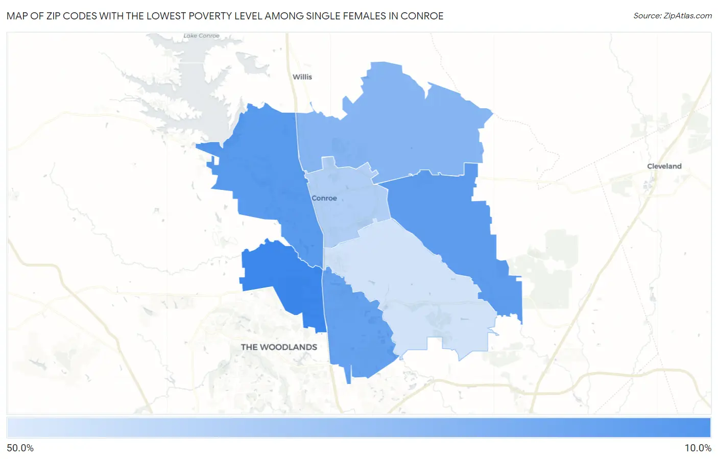 Zip Codes with the Lowest Poverty Level Among Single Females in Conroe Map