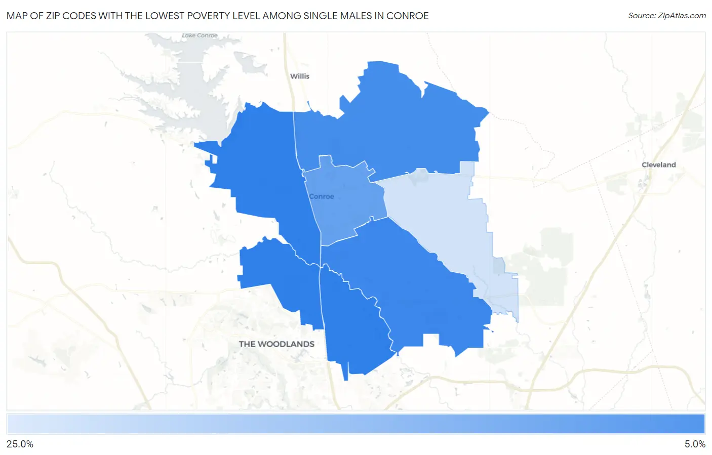 Zip Codes with the Lowest Poverty Level Among Single Males in Conroe Map