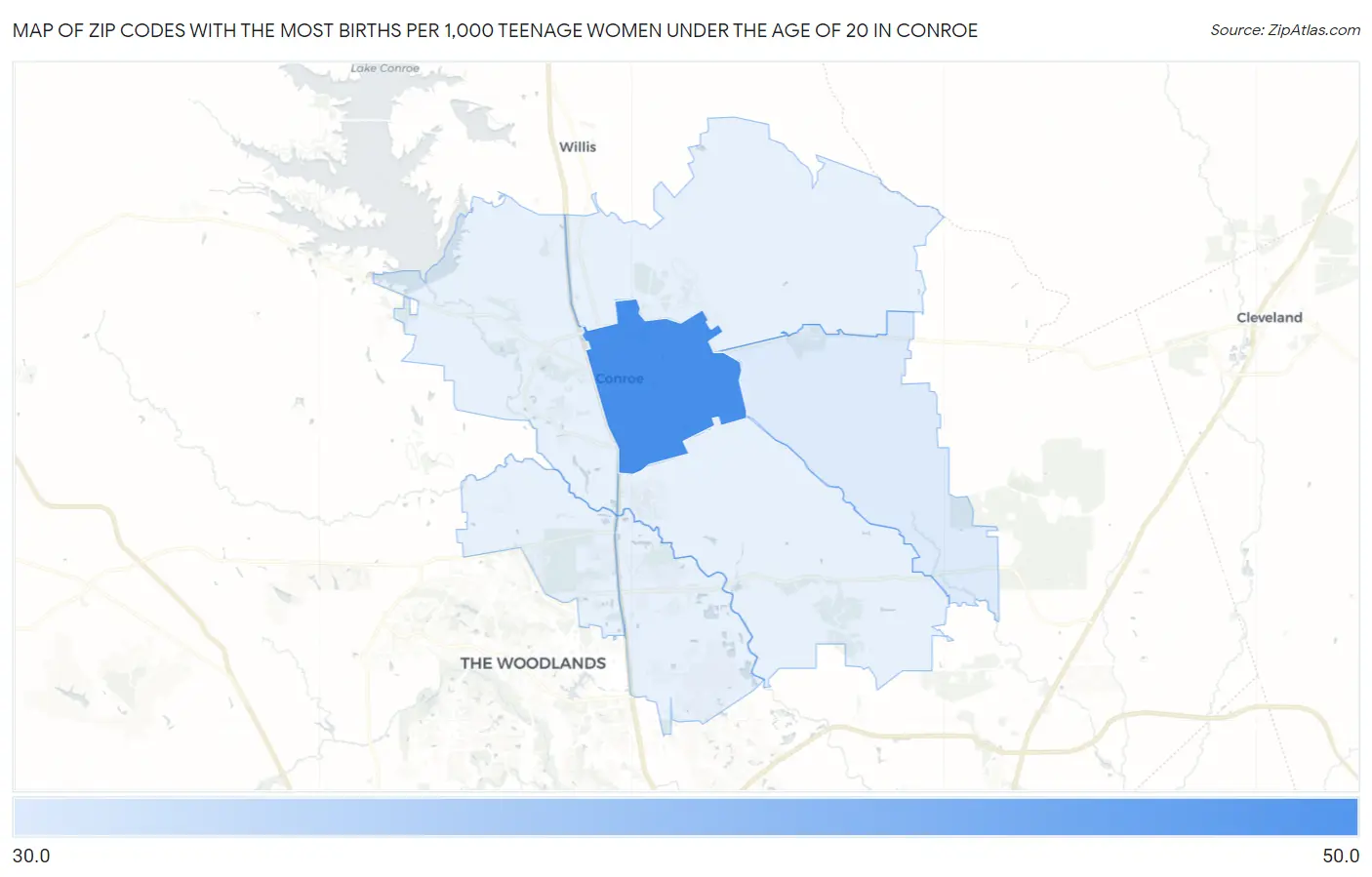 Zip Codes with the Most Births per 1,000 Teenage Women Under the Age of 20 in Conroe Map