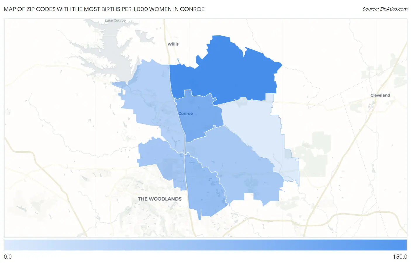 Zip Codes with the Most Births per 1,000 Women in Conroe Map
