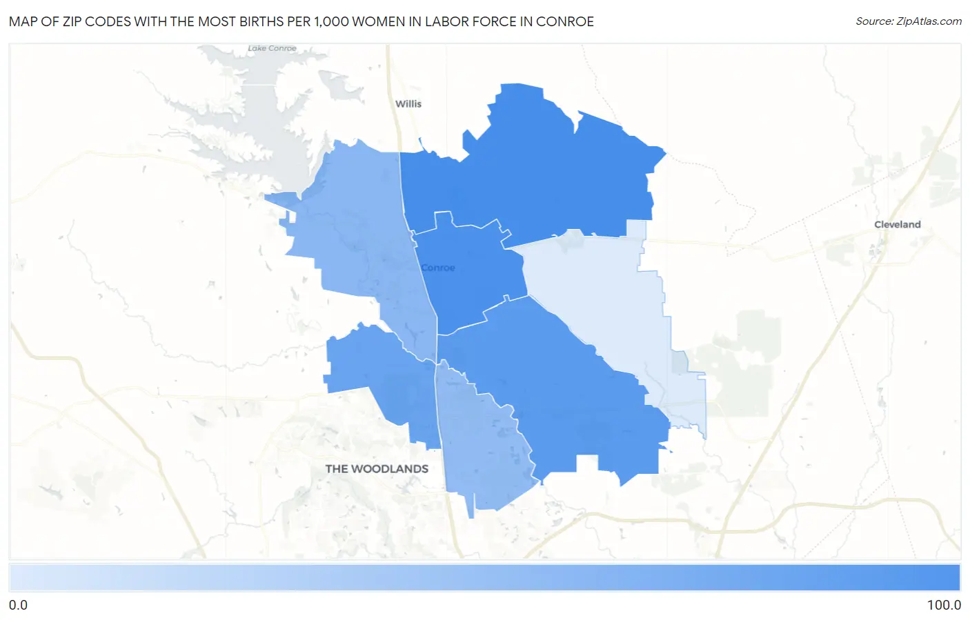 Zip Codes with the Most Births per 1,000 Women in Labor Force in Conroe Map
