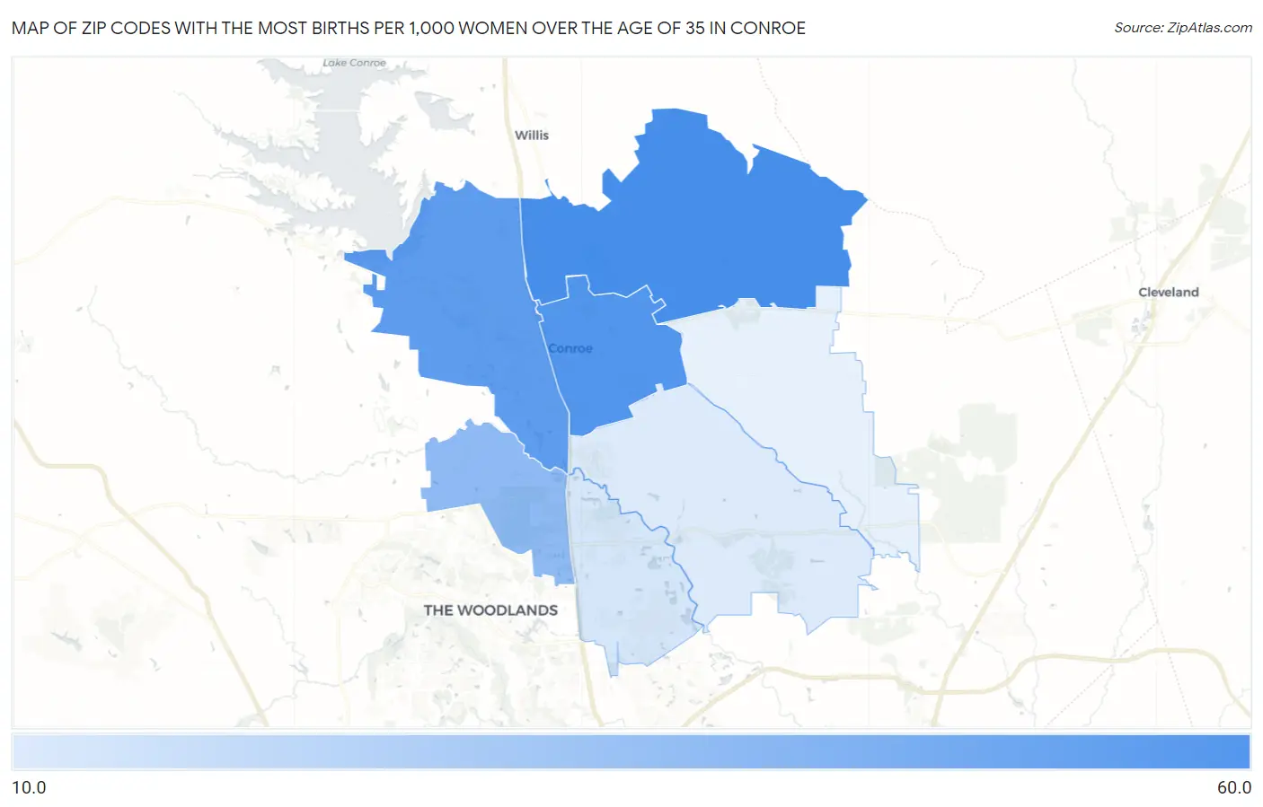 Zip Codes with the Most Births per 1,000 Women Over the Age of 35 in Conroe Map