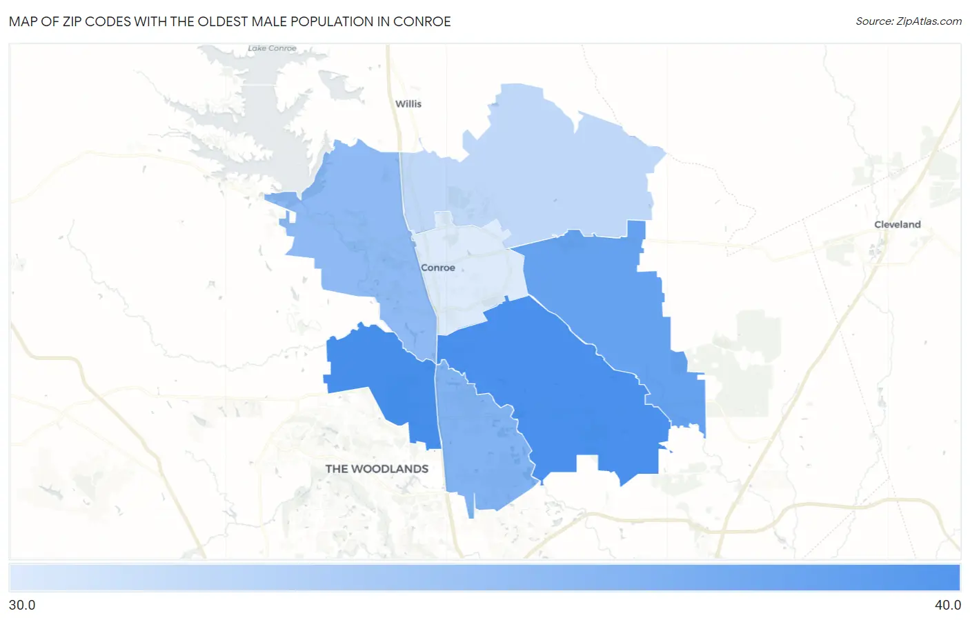 Zip Codes with the Oldest Male Population in Conroe Map