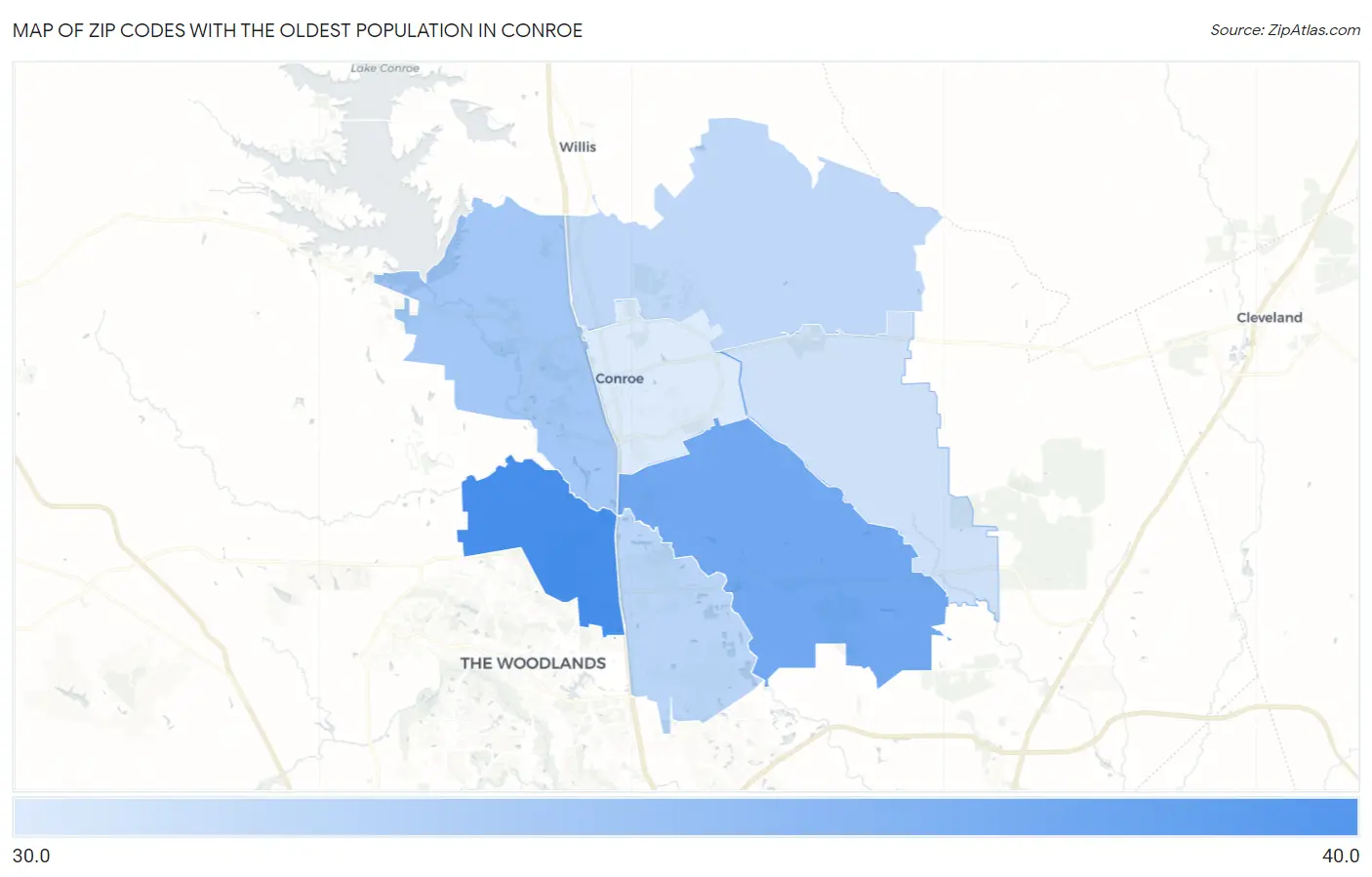 Zip Codes with the Oldest Population in Conroe Map