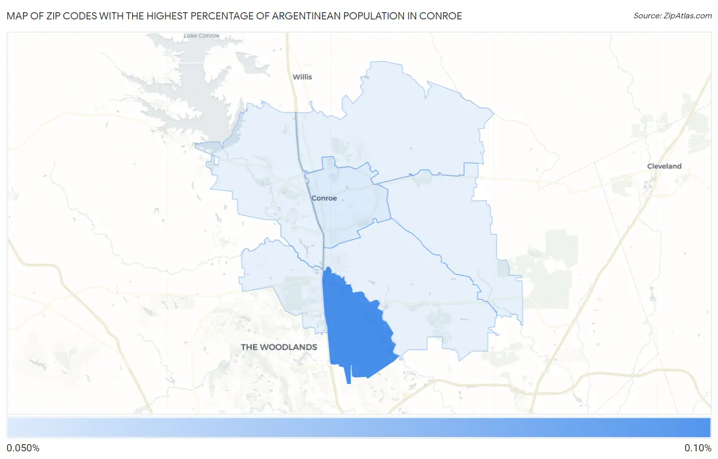 Zip Codes with the Highest Percentage of Argentinean Population in Conroe Map