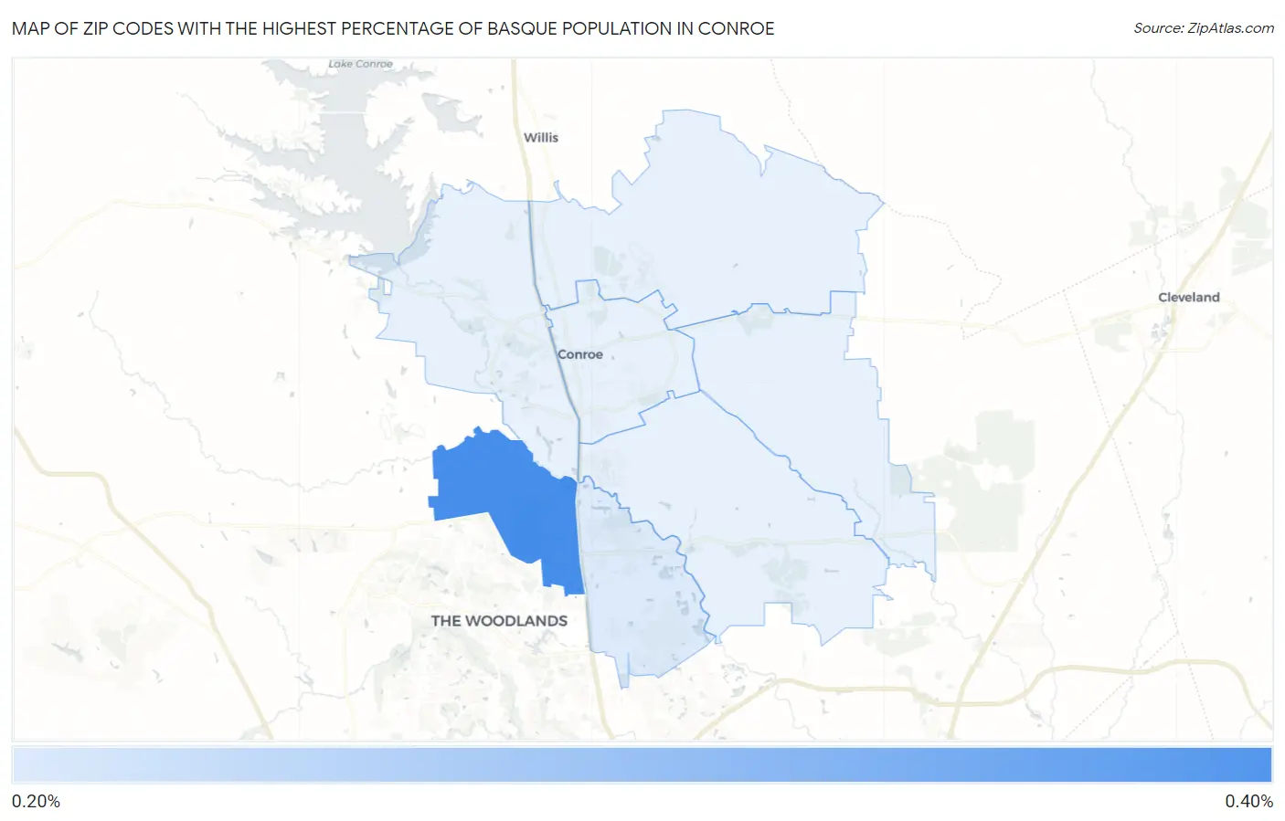 Zip Codes with the Highest Percentage of Basque Population in Conroe Map