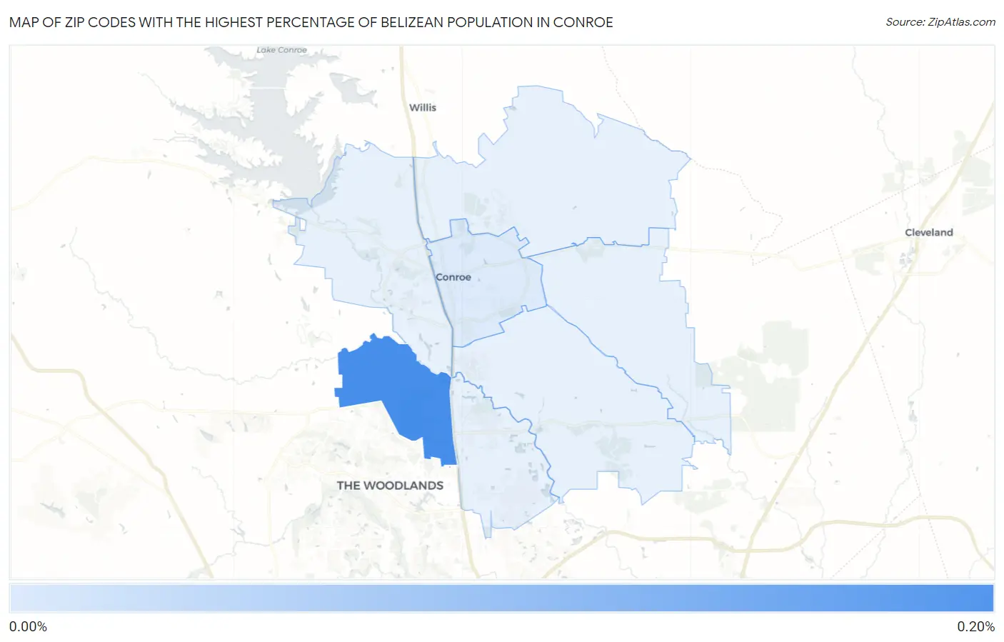Zip Codes with the Highest Percentage of Belizean Population in Conroe Map