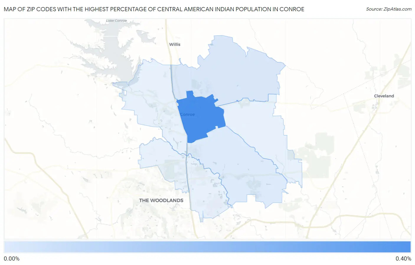 Zip Codes with the Highest Percentage of Central American Indian Population in Conroe Map