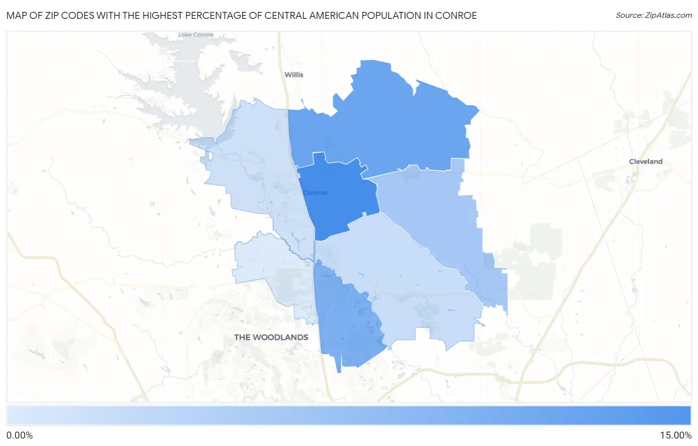 Zip Codes with the Highest Percentage of Central American Population in Conroe Map