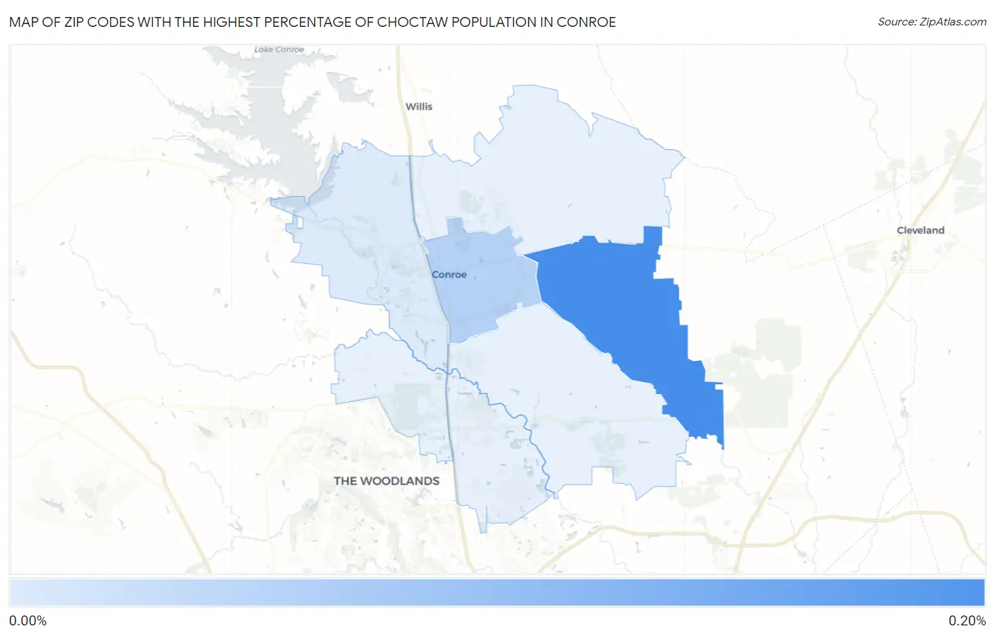 Zip Codes with the Highest Percentage of Choctaw Population in Conroe Map