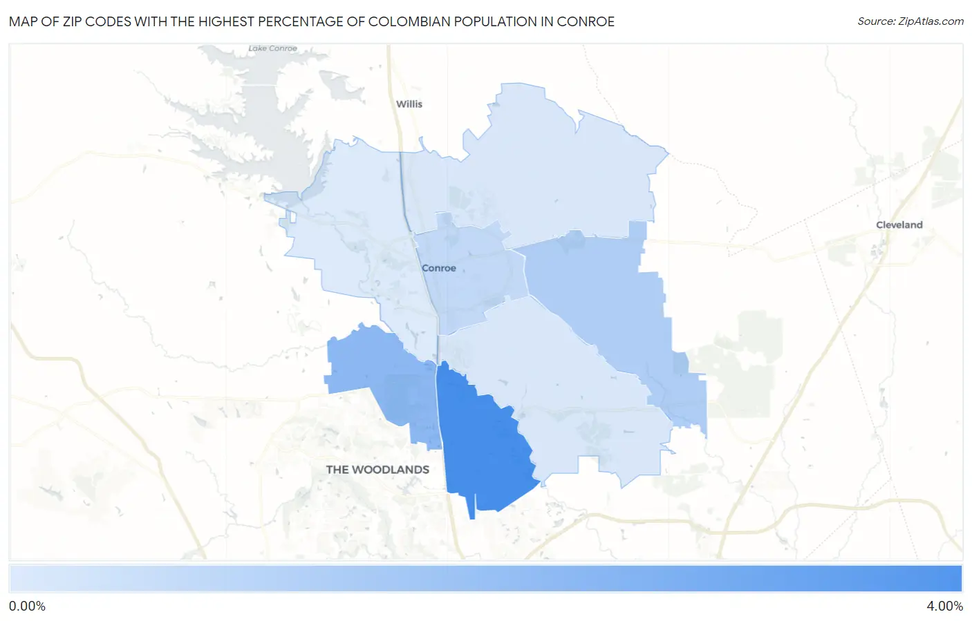 Zip Codes with the Highest Percentage of Colombian Population in Conroe Map