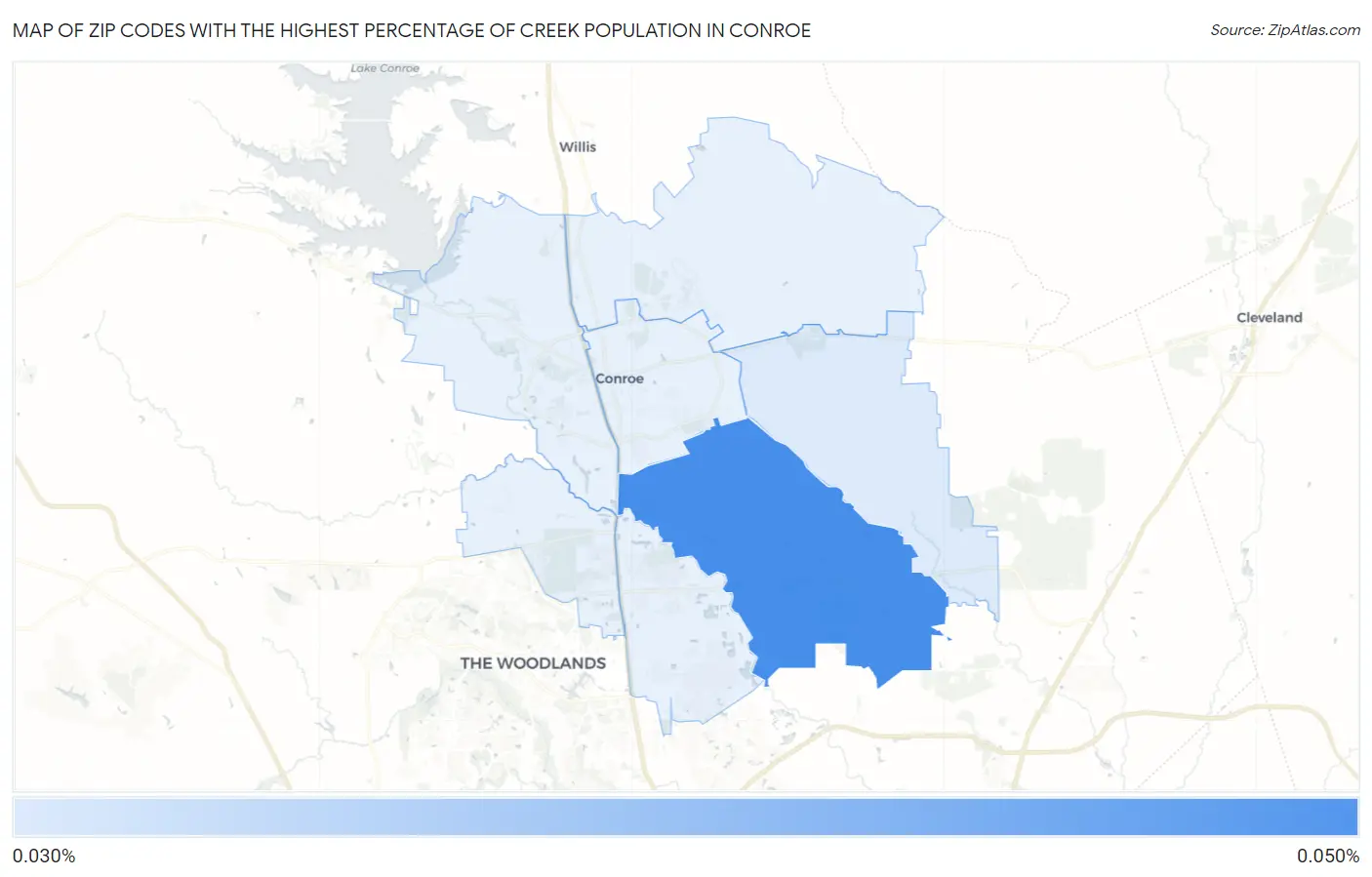 Zip Codes with the Highest Percentage of Creek Population in Conroe Map