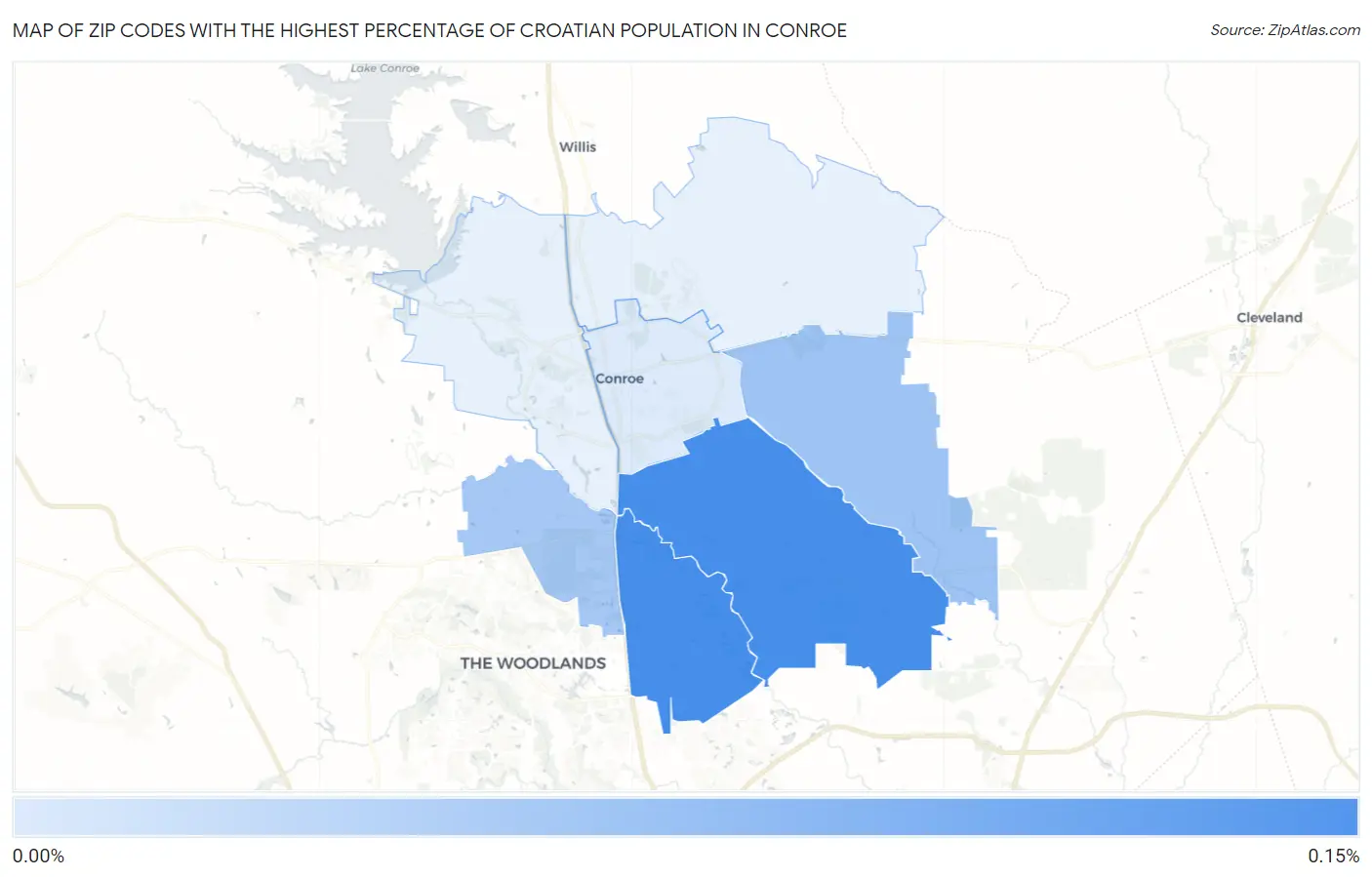 Zip Codes with the Highest Percentage of Croatian Population in Conroe Map