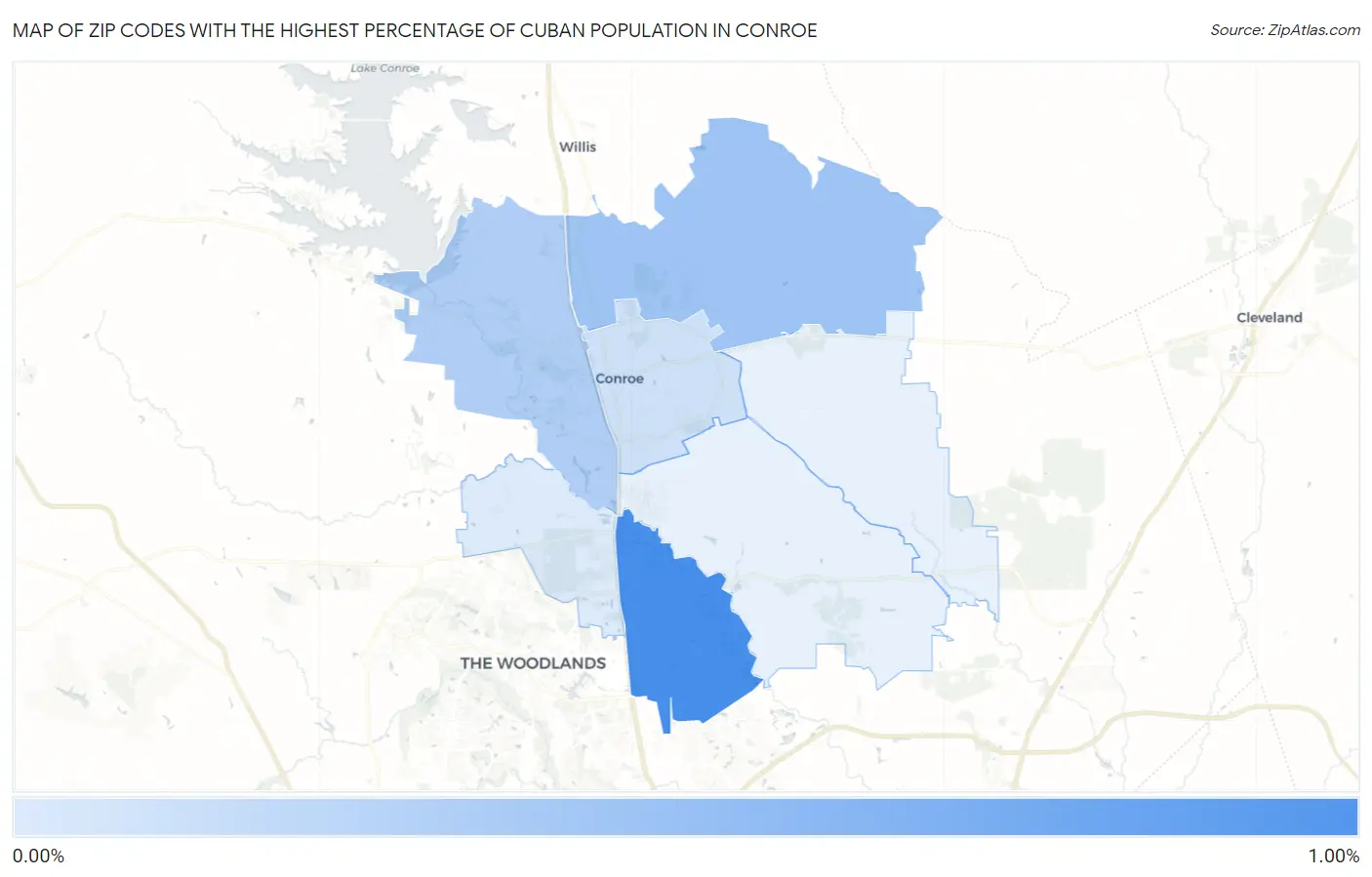 Zip Codes with the Highest Percentage of Cuban Population in Conroe Map