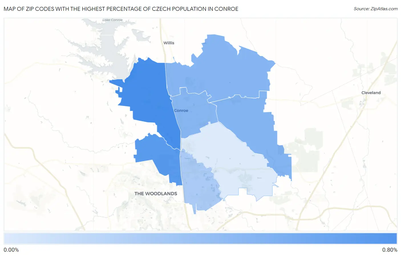 Zip Codes with the Highest Percentage of Czech Population in Conroe Map