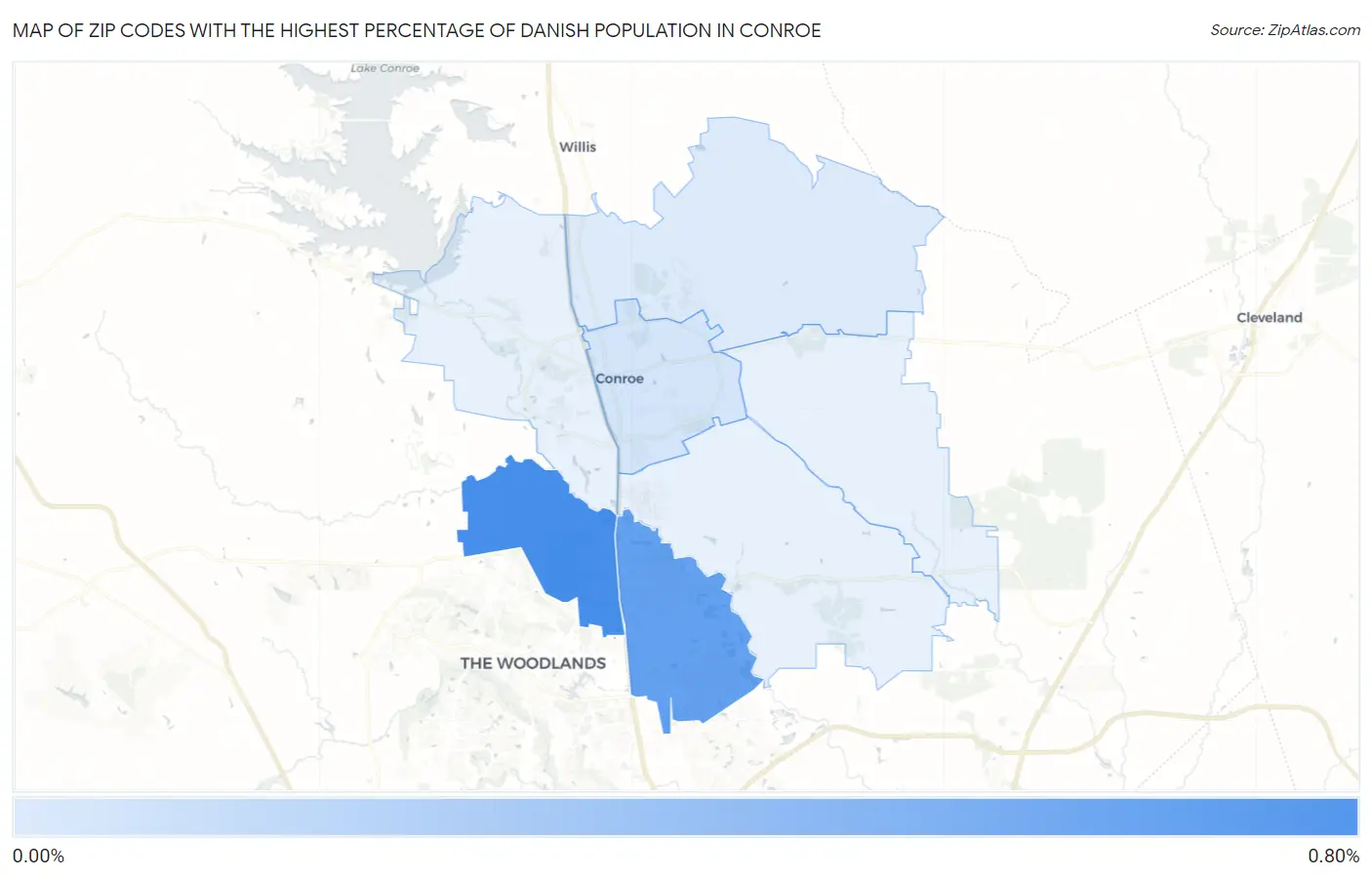 Zip Codes with the Highest Percentage of Danish Population in Conroe Map