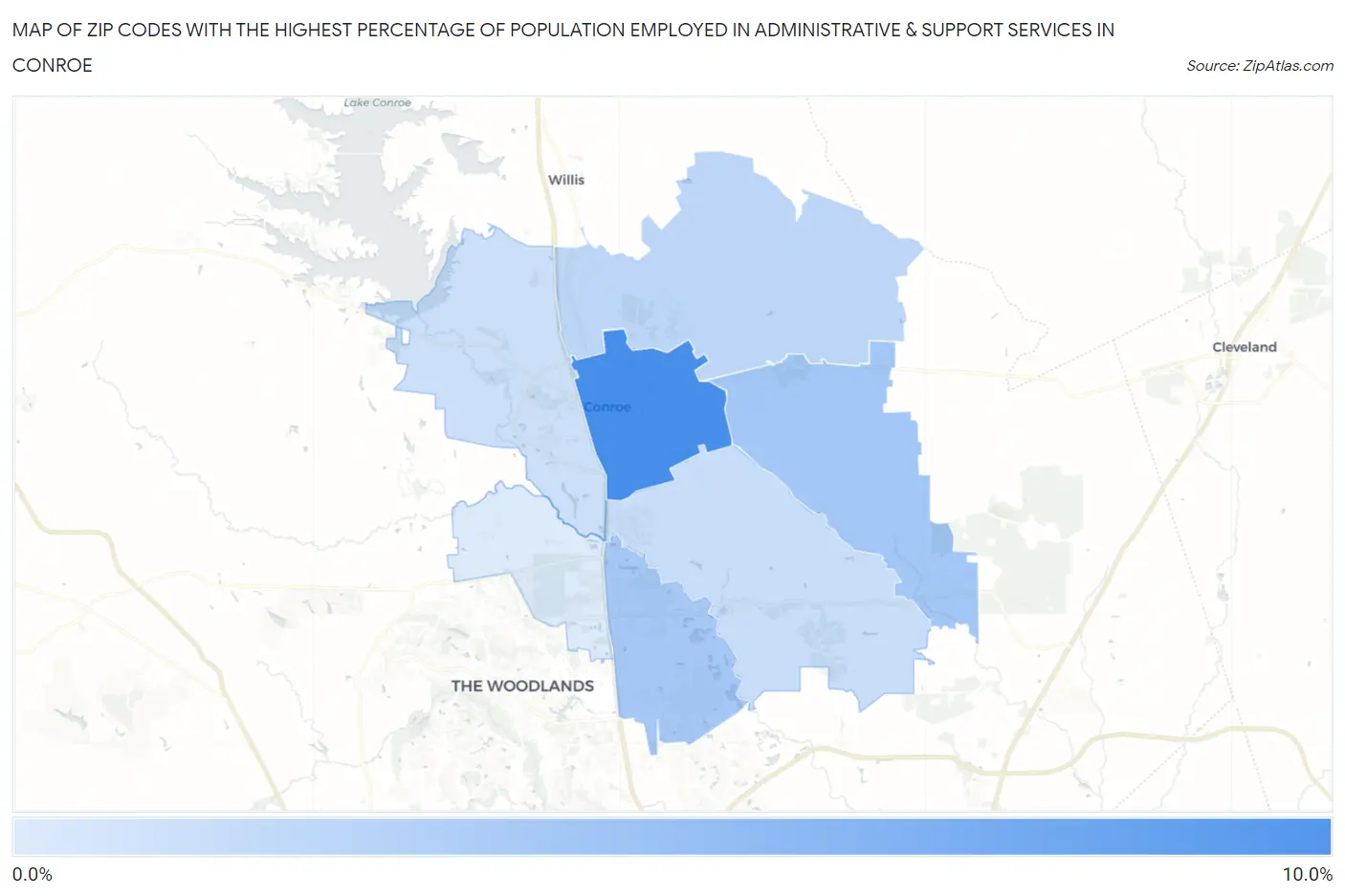 Zip Codes with the Highest Percentage of Population Employed in Administrative & Support Services in Conroe Map