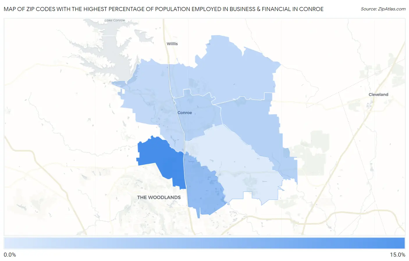 Zip Codes with the Highest Percentage of Population Employed in Business & Financial in Conroe Map