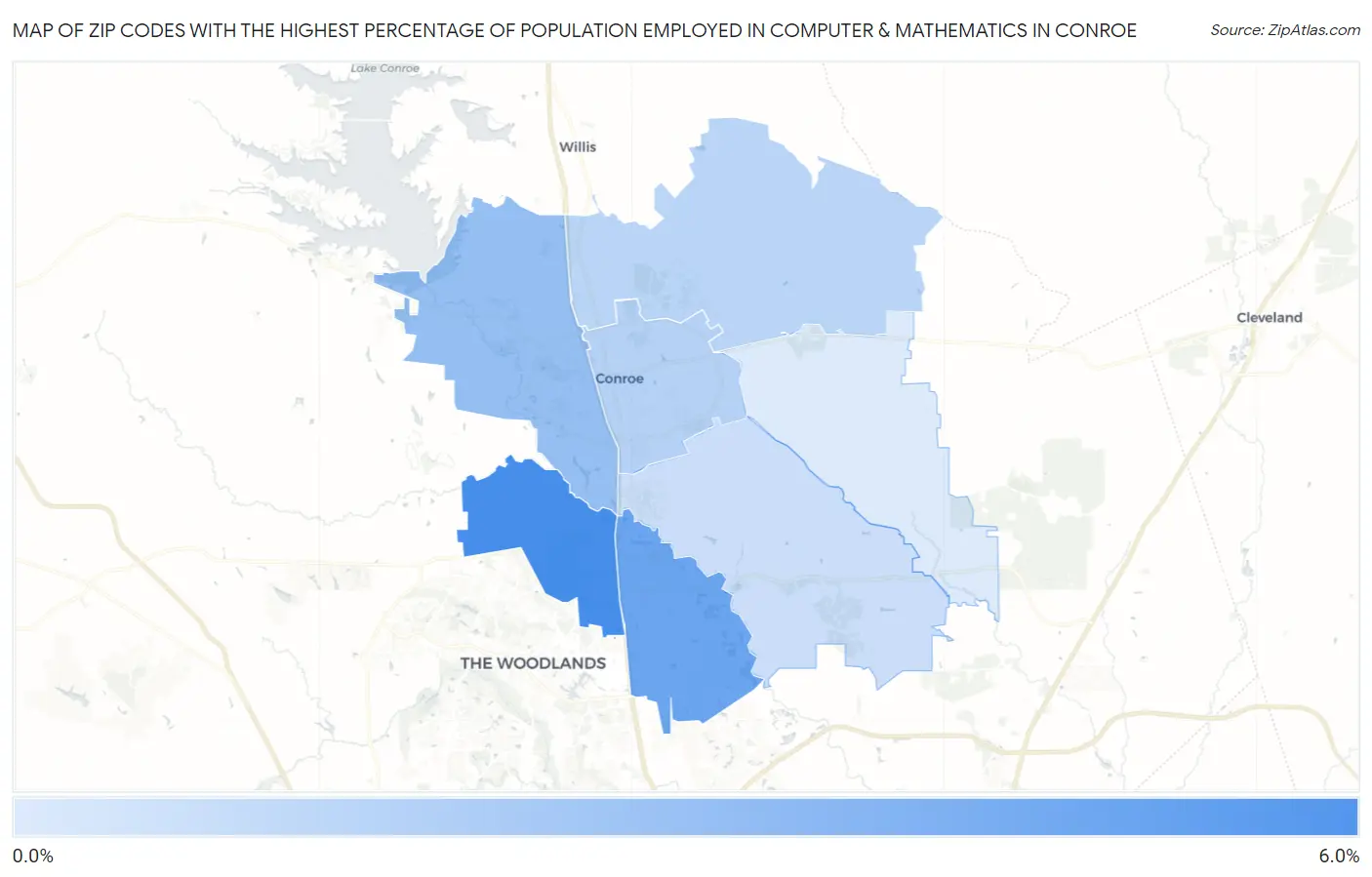 Zip Codes with the Highest Percentage of Population Employed in Computer & Mathematics in Conroe Map