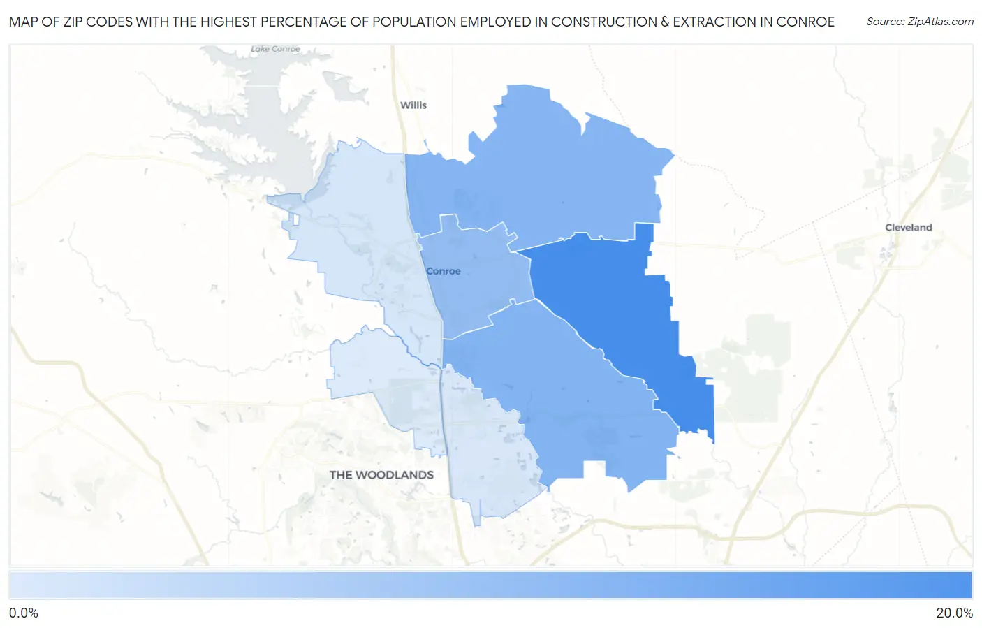 Zip Codes with the Highest Percentage of Population Employed in Construction & Extraction in Conroe Map
