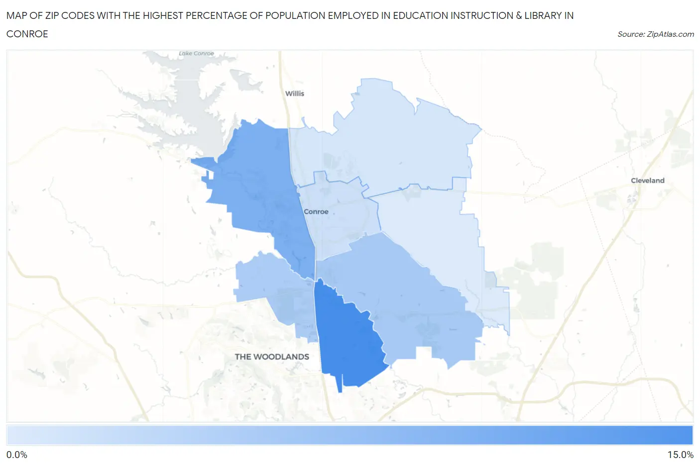Zip Codes with the Highest Percentage of Population Employed in Education Instruction & Library in Conroe Map