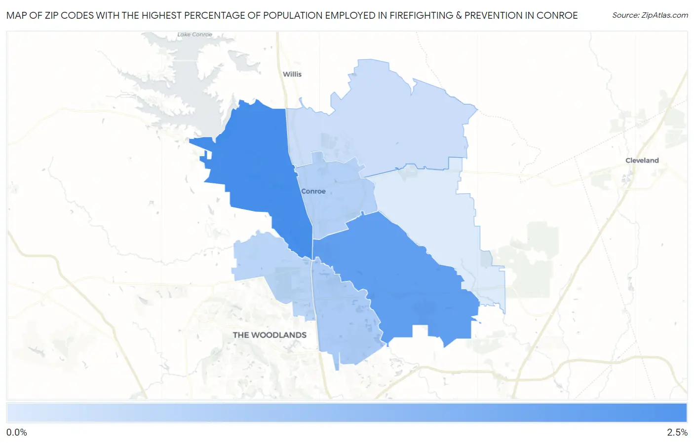 Zip Codes with the Highest Percentage of Population Employed in Firefighting & Prevention in Conroe Map