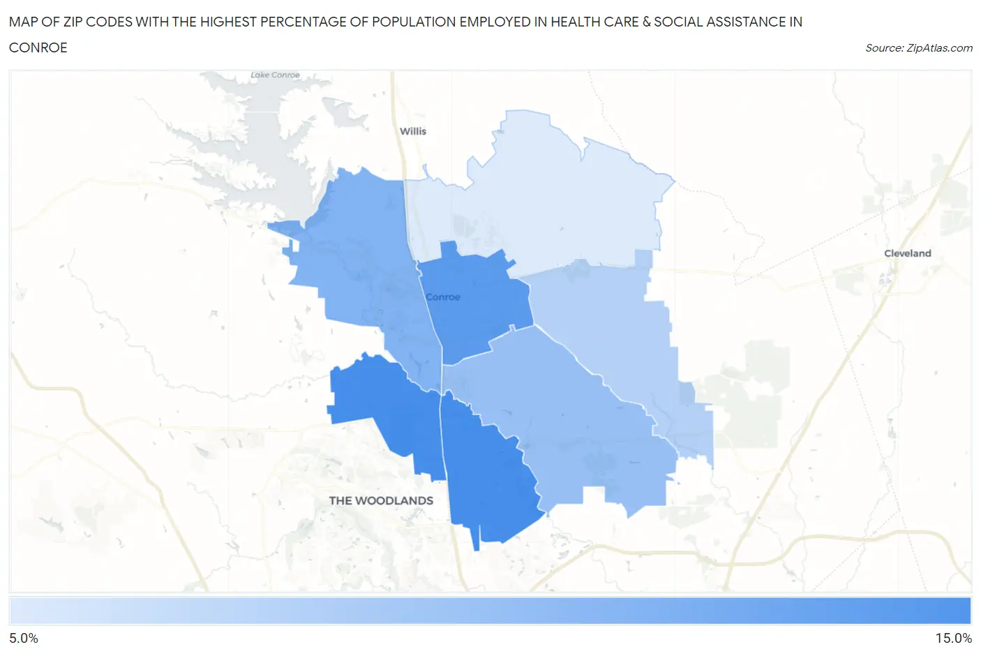 Zip Codes with the Highest Percentage of Population Employed in Health Care & Social Assistance in Conroe Map