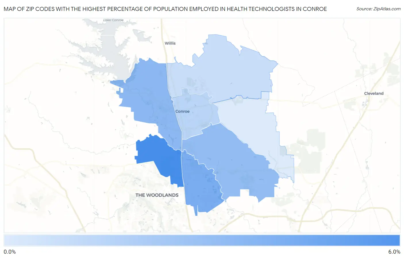 Zip Codes with the Highest Percentage of Population Employed in Health Technologists in Conroe Map