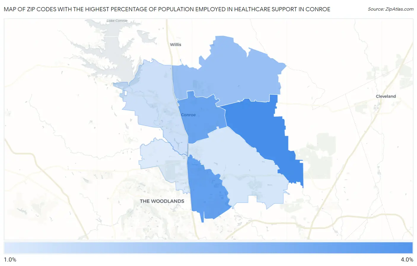 Zip Codes with the Highest Percentage of Population Employed in Healthcare Support in Conroe Map