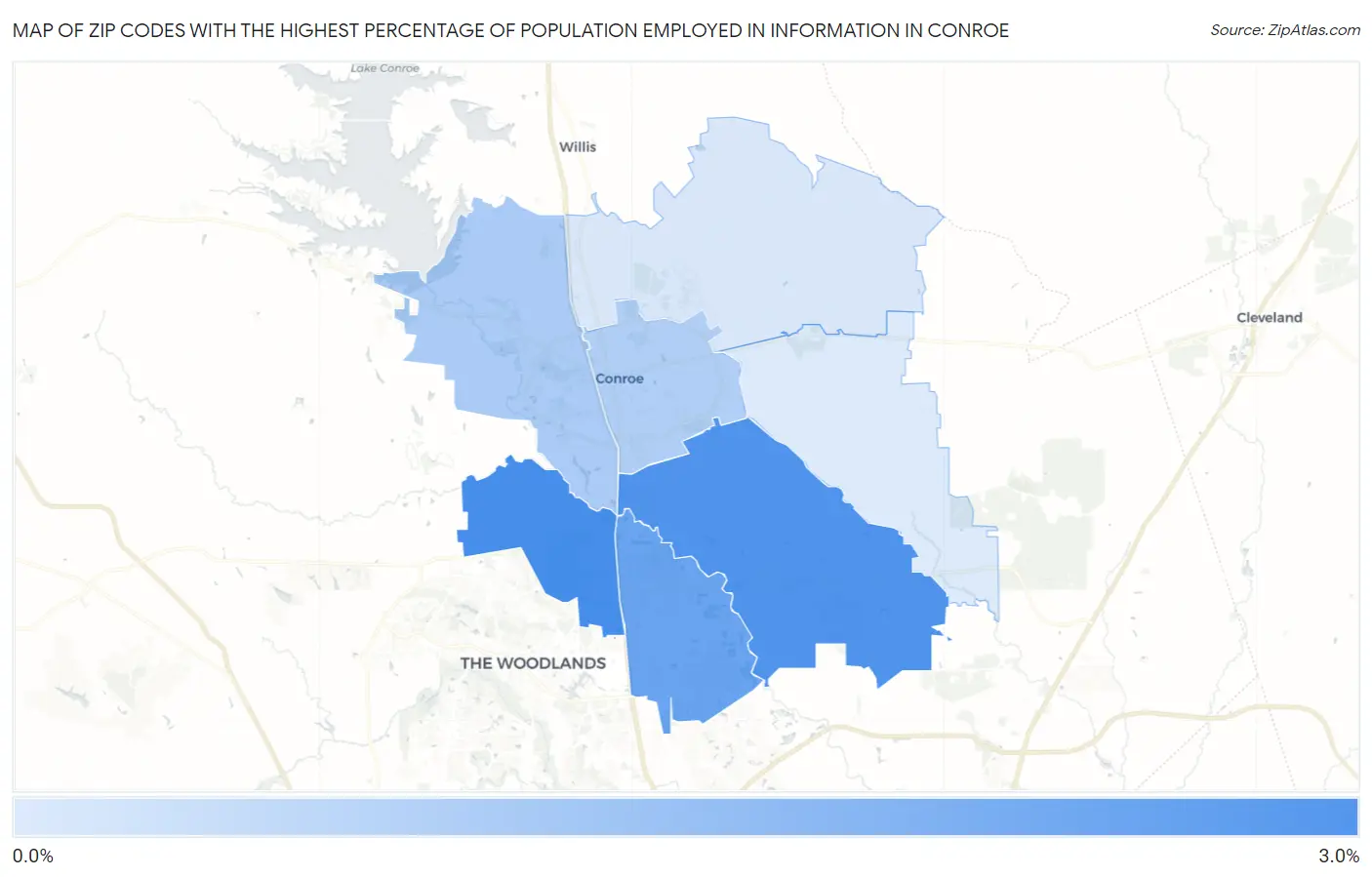 Zip Codes with the Highest Percentage of Population Employed in Information in Conroe Map