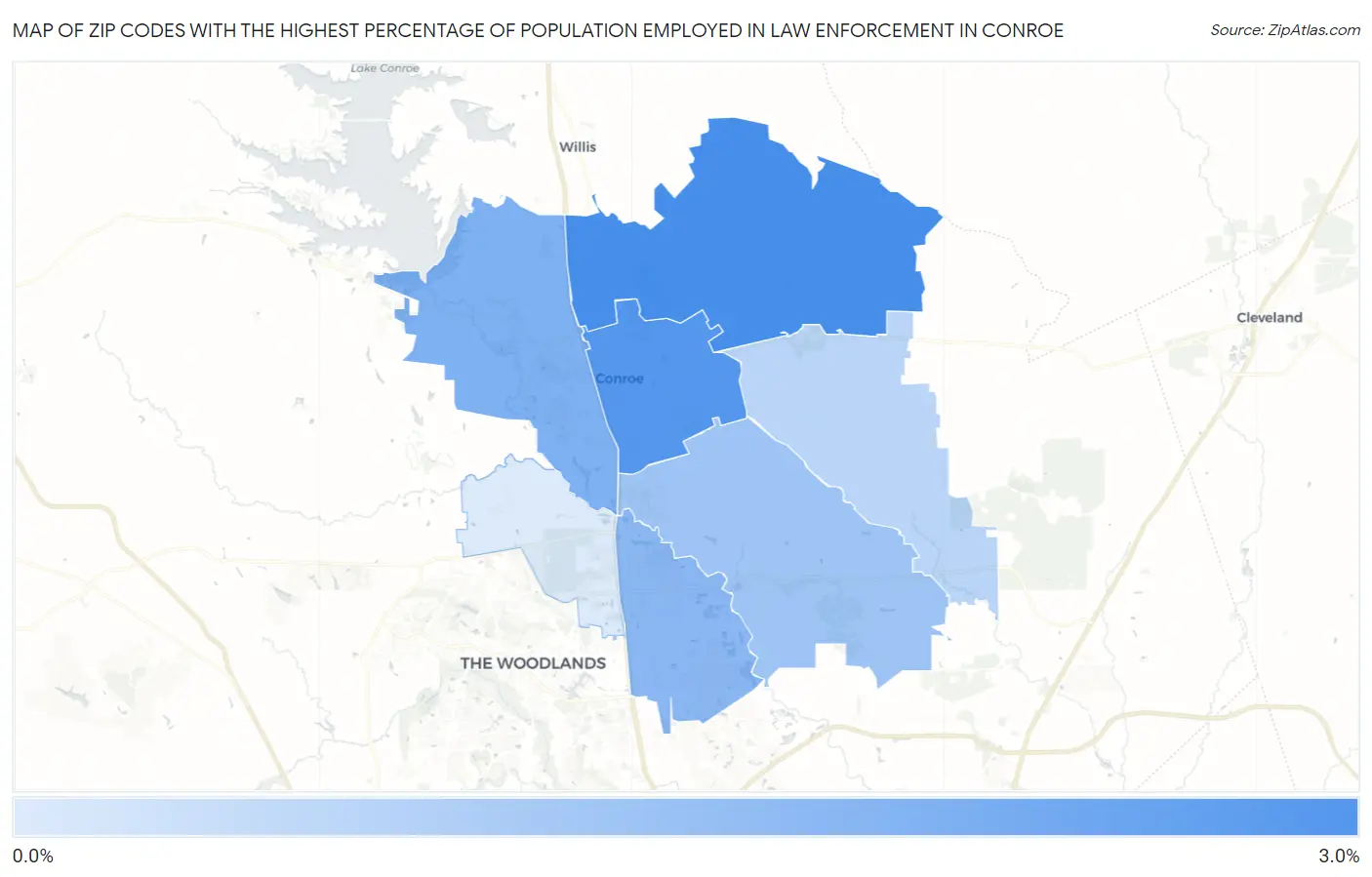 Zip Codes with the Highest Percentage of Population Employed in Law Enforcement in Conroe Map