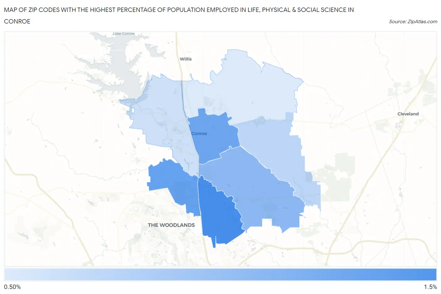 Zip Codes with the Highest Percentage of Population Employed in Life, Physical & Social Science in Conroe Map