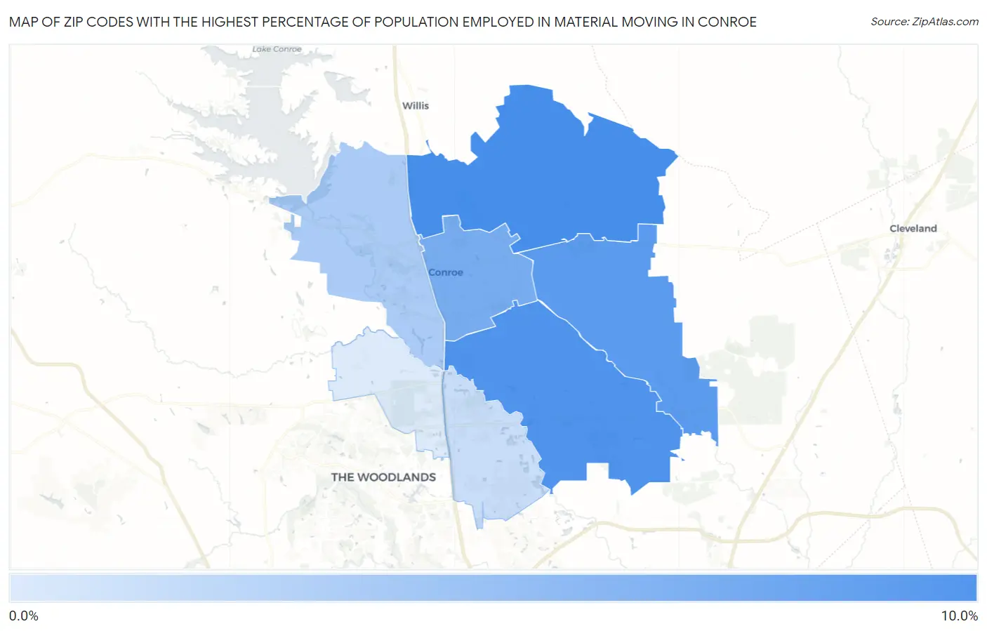Zip Codes with the Highest Percentage of Population Employed in Material Moving in Conroe Map