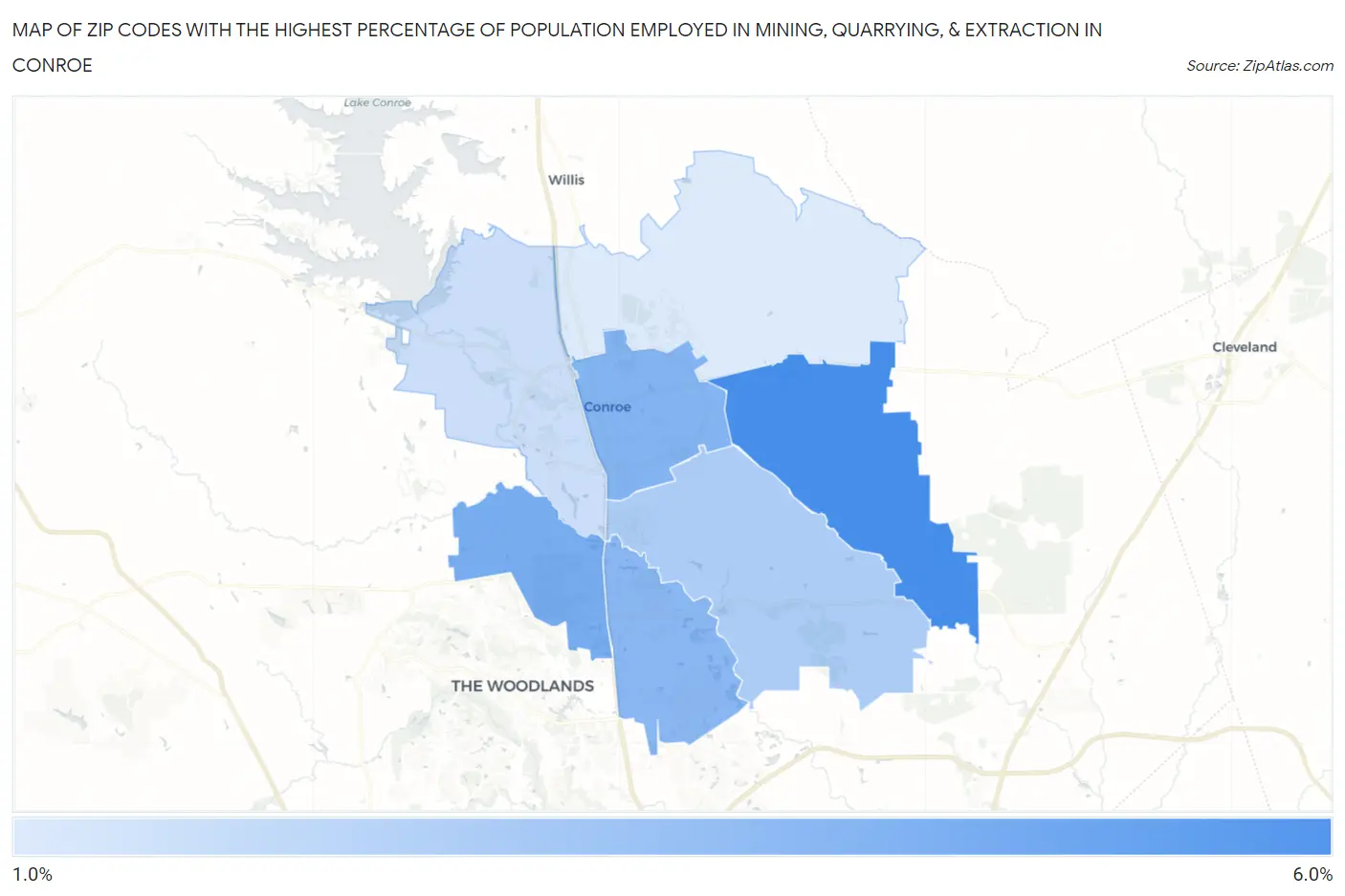 Zip Codes with the Highest Percentage of Population Employed in Mining, Quarrying, & Extraction in Conroe Map