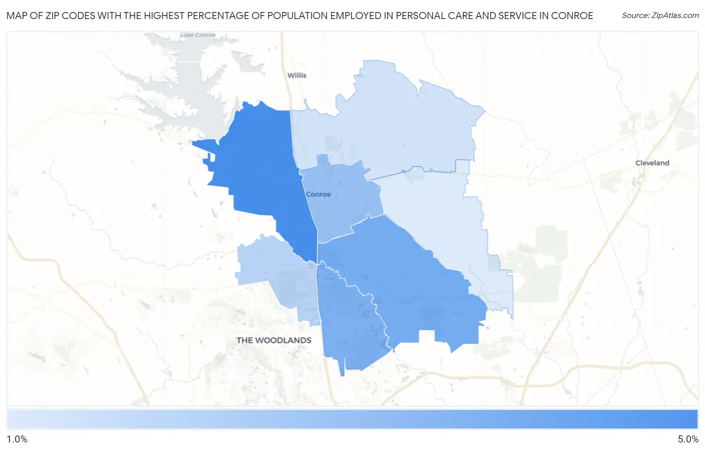 Zip Codes with the Highest Percentage of Population Employed in Personal Care and Service in Conroe Map