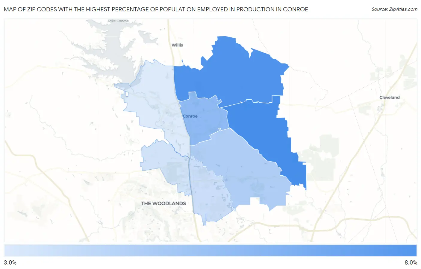 Zip Codes with the Highest Percentage of Population Employed in Production in Conroe Map