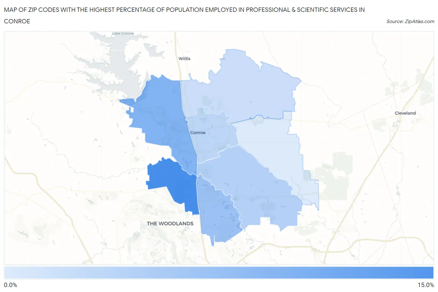 Zip Codes with the Highest Percentage of Population Employed in Professional & Scientific Services in Conroe Map
