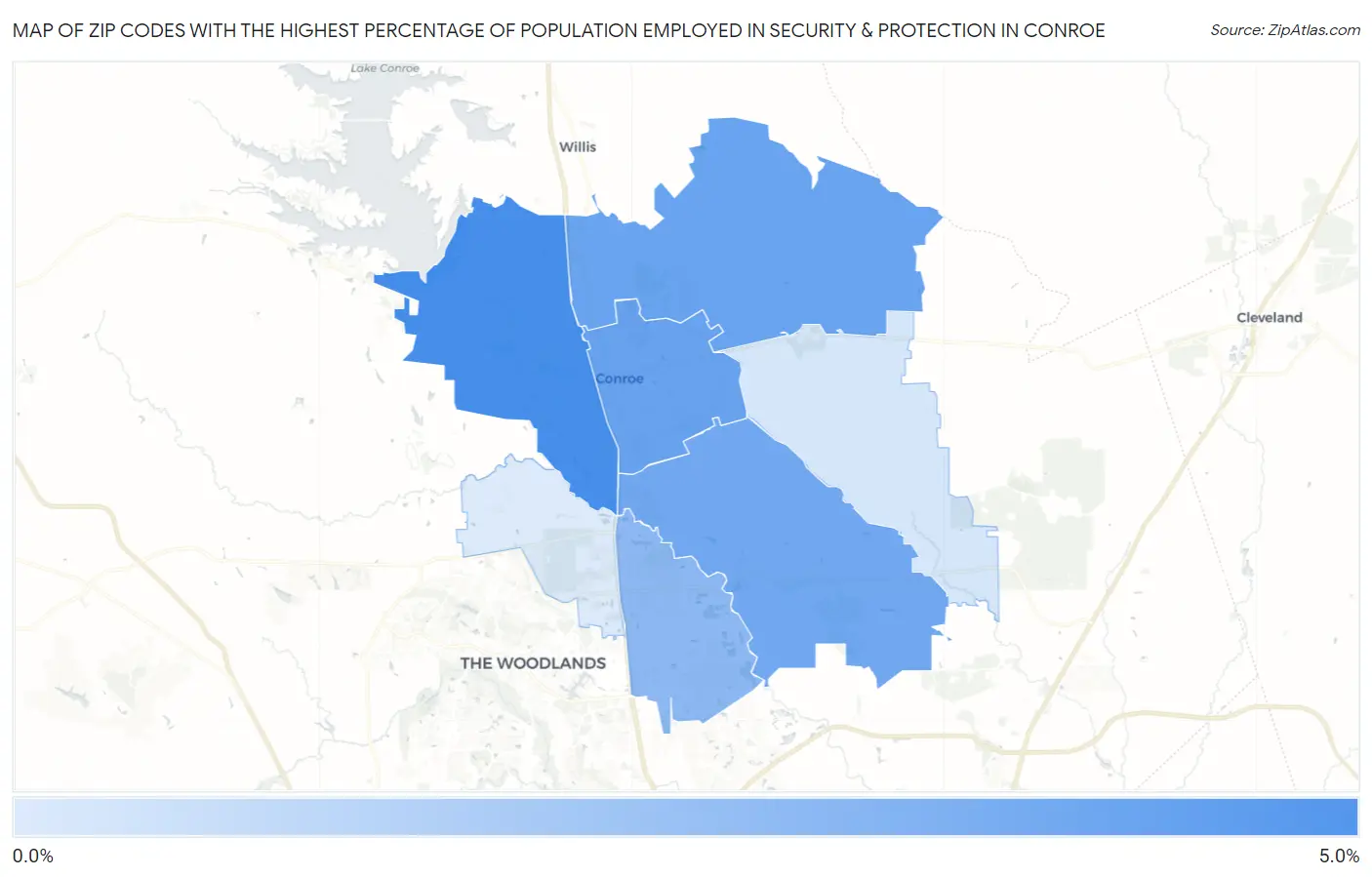 Zip Codes with the Highest Percentage of Population Employed in Security & Protection in Conroe Map