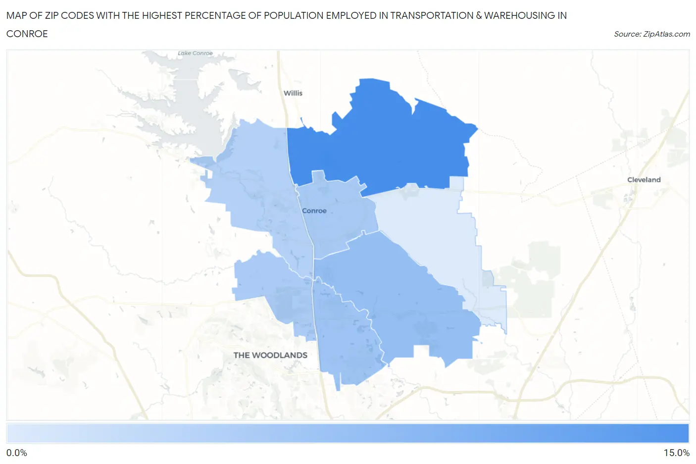 Zip Codes with the Highest Percentage of Population Employed in Transportation & Warehousing in Conroe Map