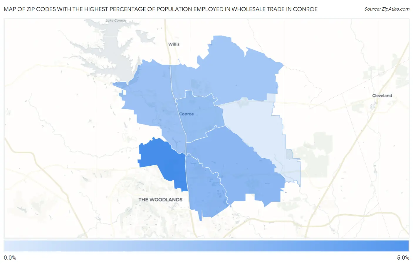 Zip Codes with the Highest Percentage of Population Employed in Wholesale Trade in Conroe Map