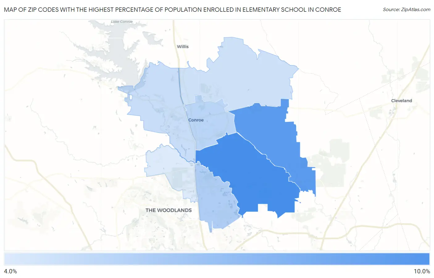 Zip Codes with the Highest Percentage of Population Enrolled in Elementary School in Conroe Map