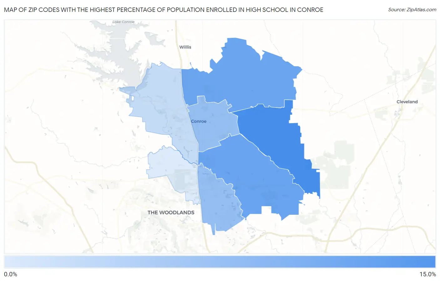 Zip Codes with the Highest Percentage of Population Enrolled in High School in Conroe Map