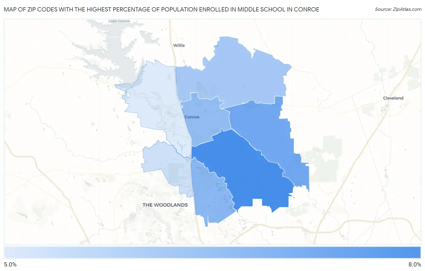 Zip Codes with the Highest Percentage of Population Enrolled in Middle School in Conroe Map