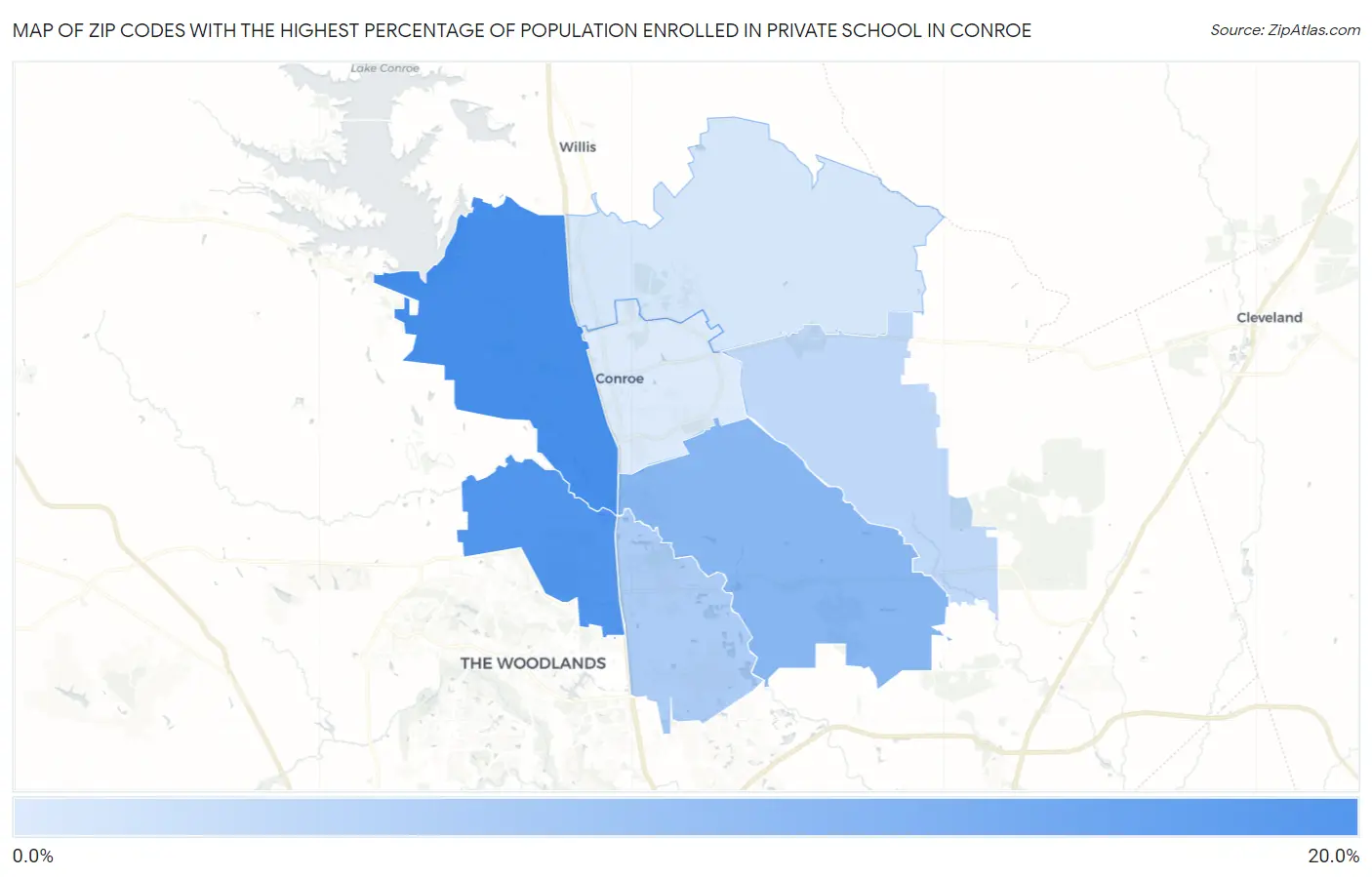 Zip Codes with the Highest Percentage of Population Enrolled in Private School in Conroe Map