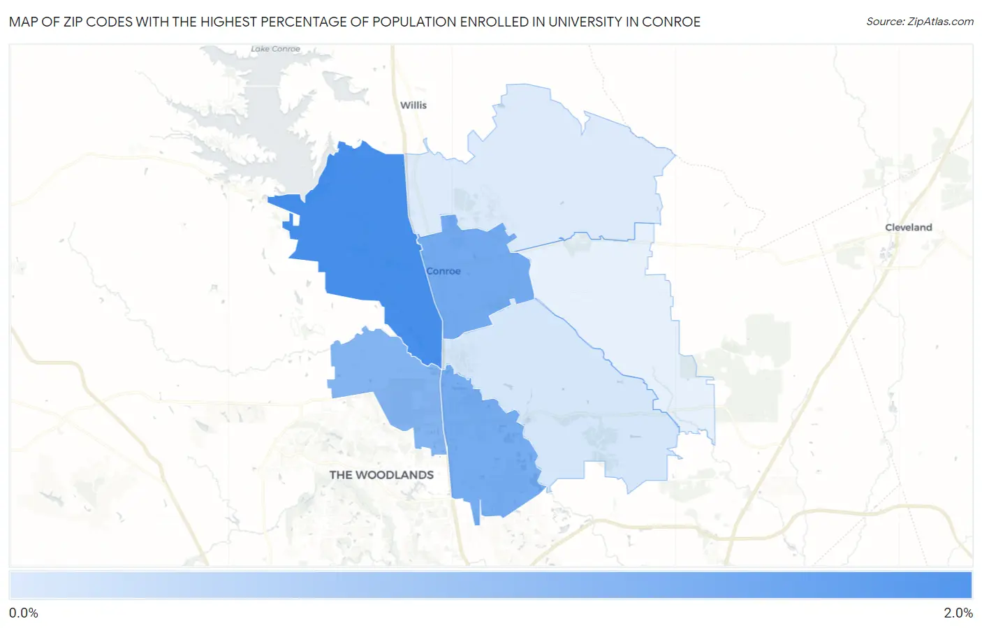 Zip Codes with the Highest Percentage of Population Enrolled in University in Conroe Map