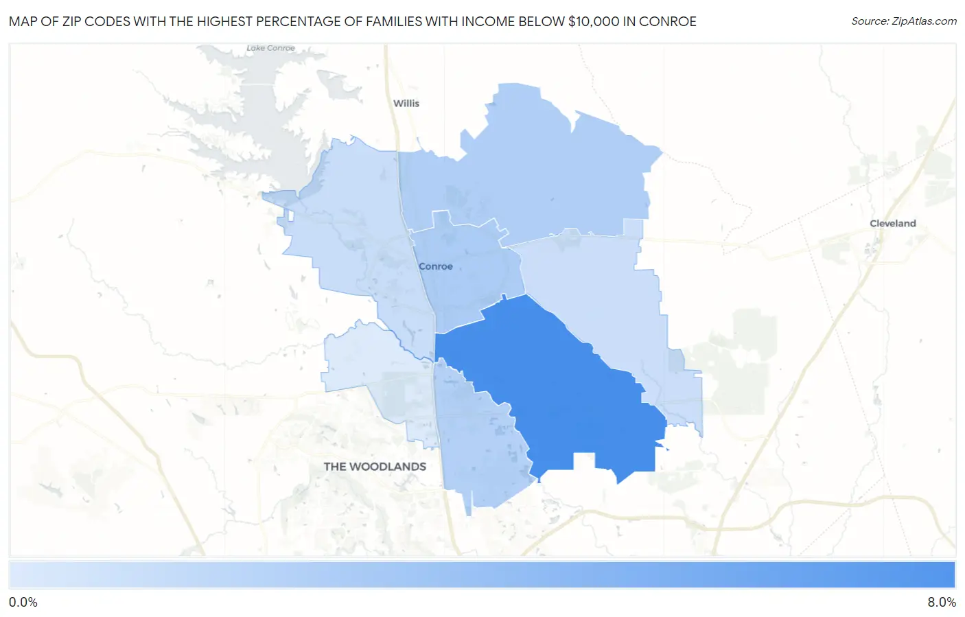 Zip Codes with the Highest Percentage of Families with Income Below $10,000 in Conroe Map